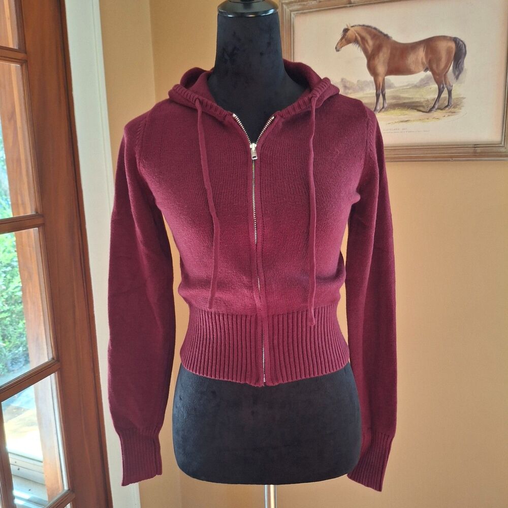 Aeropostale Womens M Burgundy Full Zip Knit Hoodie Sweater Fitted Ribbed